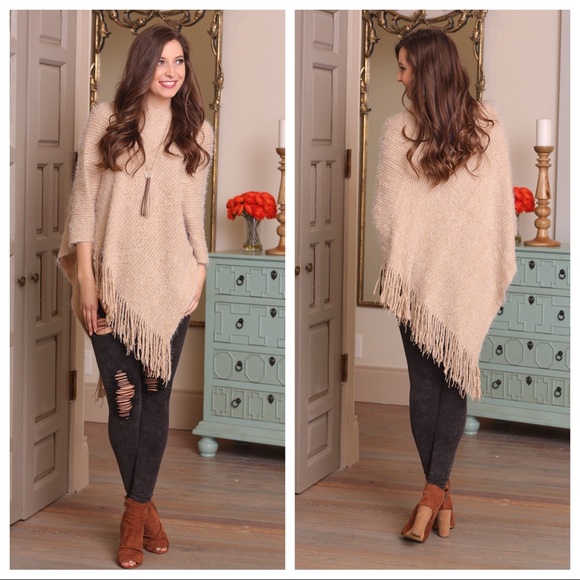LAST ONE! Super Soft Khaki Knit  Fringe Poncho - Picture 3 of 3